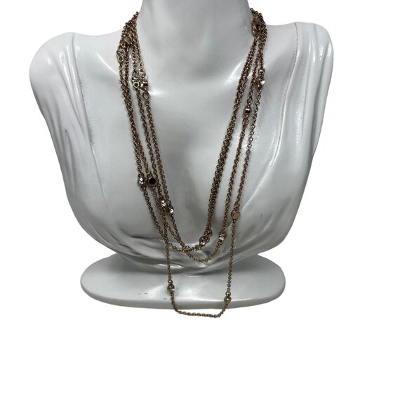Express Necklace Long Rose Gold Tone Two Strand Rhinestone Stations - Picture 7 of 7